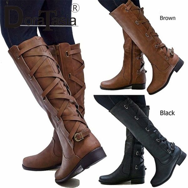 

doratasia new fashion wide med heels belt buckle solid shoes woman casual women's spring autumn mid calf boots big size 35-43, Black