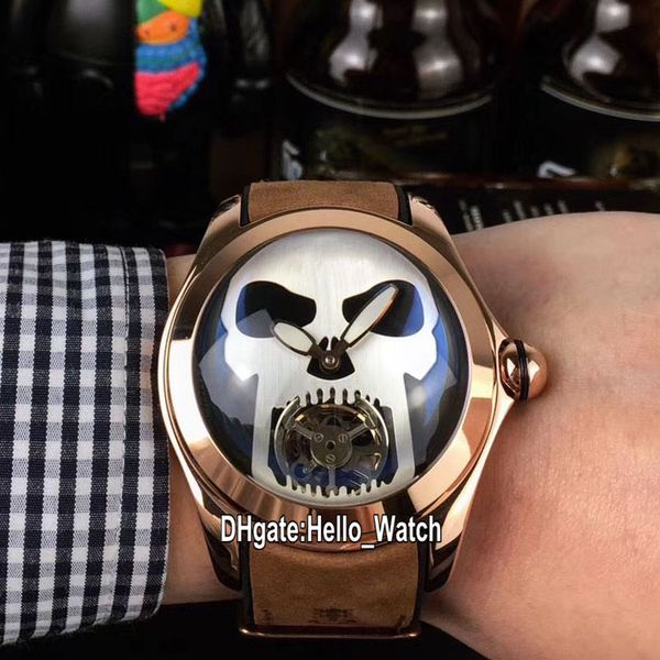 

new bubble rose gold case l390/03694 black dial silver skull tourbillon automatic mens watch brown leather strap watches hello_watch 6 color, Slivery;brown