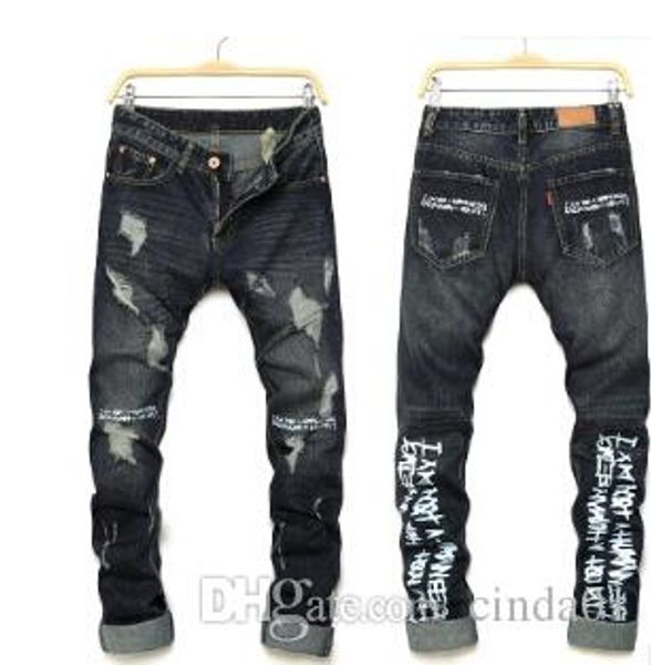 

fashion mens jeans hole casual ripped jeans men hiphop pants straight jeans for men denim trousers, Blue