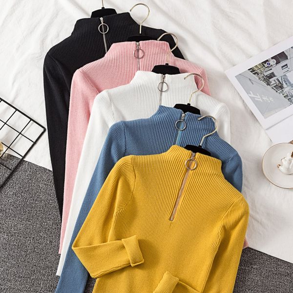 

2020 autumn winter women's zipper collar long sleeves knitted blouse casual warm femal sweater a2070, White;black