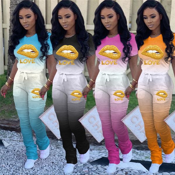 

women tracksuit gradient colors lips letter pleated trousers pants short sleeves t shirt designer two piece outfits summer sports suit d7205, White