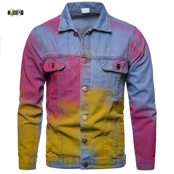 

idopy men's vintage jeans jackets washed painted colorful denim outerwear hi street hip hop jacket streetwear for hipster, Black;brown