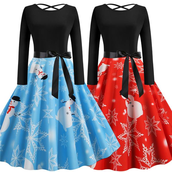 

women long sleeve 3d printed snowman snowflake retro dress round collar splicing dress christmas party costume, Silver