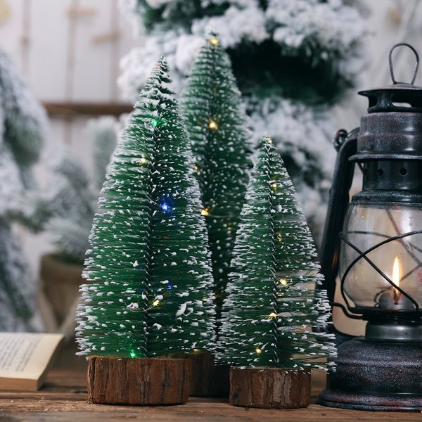 

1pcs 2 style lights small diy christmas tree fake pine tree mini sisal bottle brush christmas santa snow frost village hous