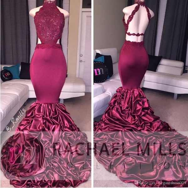 

2019 new burgundy mermaid prom dress jewel neck beaded sequined ruched lace applique backless sweep train formal party evening dress wear, Black