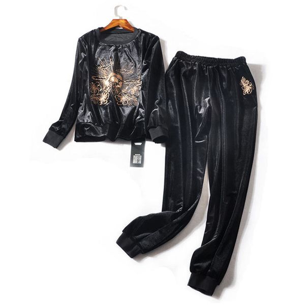 

xxxlnew fashion tracksuits women floral embroidery long sleeve sweatshirt+harem pants set casual velvet sets, Gray