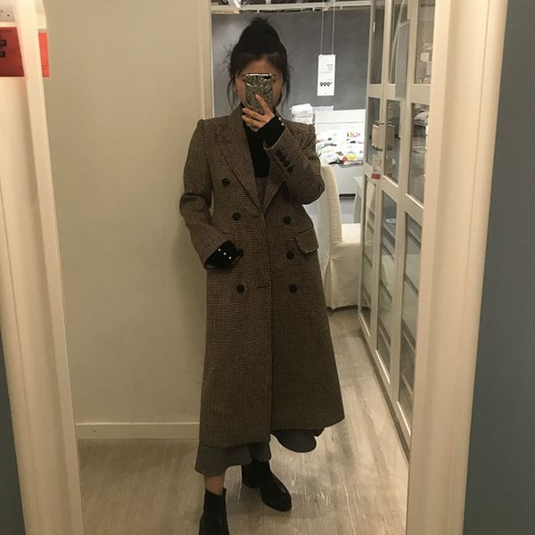 

lanmrem] 2019 autumn and winter new products fashion retro houndstooth long loose loose collar woolen coat female pa341, Black