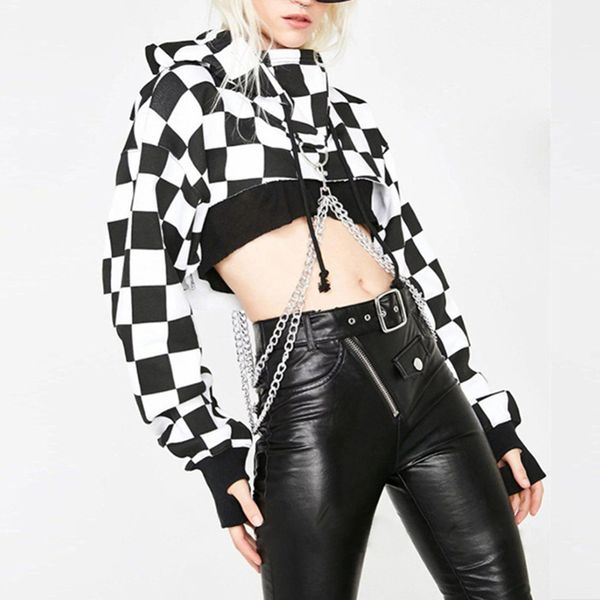 

women hoodie crop jumper pullover chain stitching short loose sweatshirt black/red color sports long sleeve fleece, White;red
