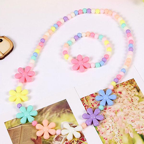 

bxw 2019 new sale candy color beads gift for child flower necklace bracelets princess baby girl jewelry set kid choker, Silver