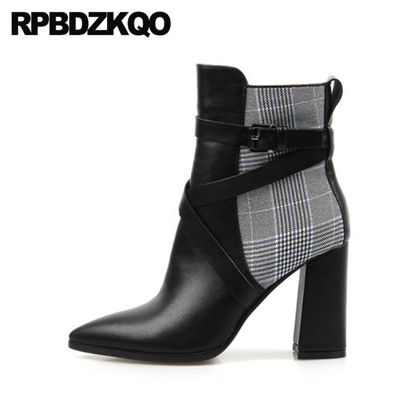 

black chunky women shoes block plaid ankle high heel female plus size booties big fall pointed toe side zip boots mid