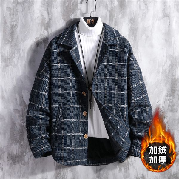 

winter plus бархатном пиджаке мужская мода ретро вскользь шотландка куртки man streetwear wild сыпучие шерстяное пальто мужчины шинель m-3xl, Black
