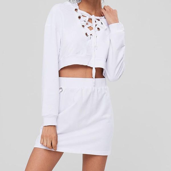 

новая мода белый женщин комплекты из двух частей наборы узелок с длинным рукавом толстовка толстовка пуловер tops набор кофточки + юбка женс, Gray