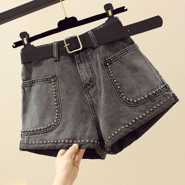 

women's jeans 2021 summer women personality embroidered flares sashes denim shorts female korean style zipper washed t87, Blue