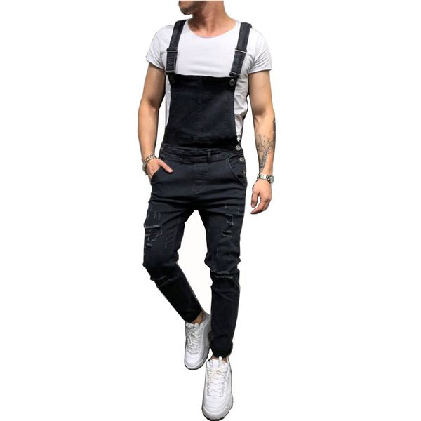 

new arrival men's distressed jeans denim bib overalls hip hop ripped jeans jumpsuit streetwear for male suspender pants, Blue