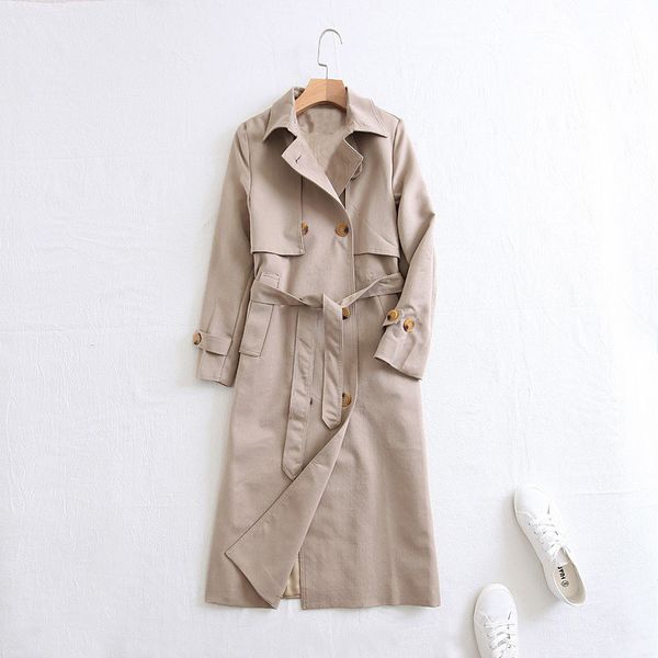 

women's fall/winter lapel double-breasted overcoat long knee length slim thin outwear basic essential trench coat with belt, Tan;black