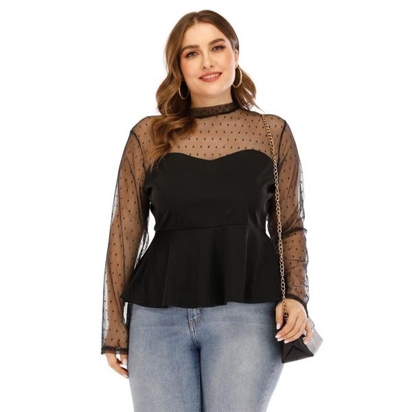 

2020 мода женщины лето с длинным рукавом сетки see through сексуальная блузка плюс размер черные оборки женские топы, White