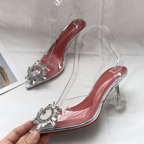 

big size 35-41 silver pvc transparent women pumps crystal pointy toe high heels shoes woman perspex spike heel back strap pumps, Black