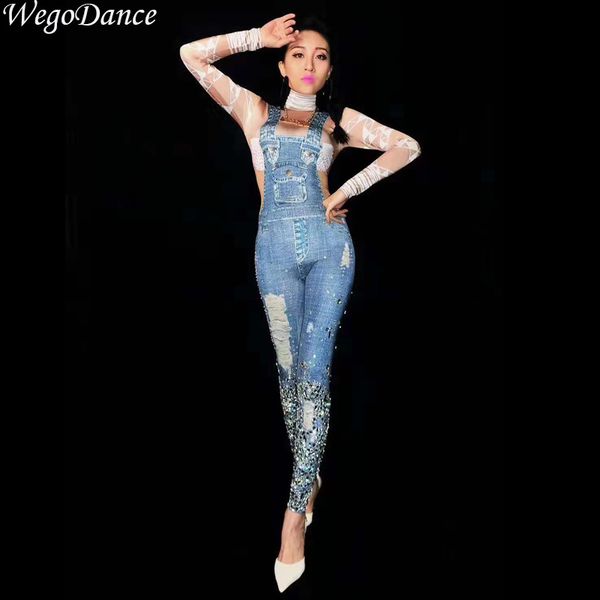 

новых женщины сексуального этапа комбинезон джинсовая печать glisten bodysuit танец костюм день рождение празднуйте singer танцевального веч, Black;white