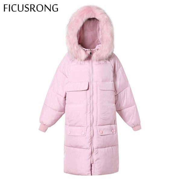 

ficusrong long wide талией большой карман с капюшоном зимняя куртка женщины теплый сгущает большой меховой воротник пальто parka женские кур, Black