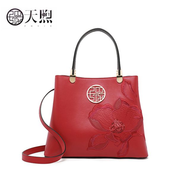 

pmsix 2020 new cowhide leather shoulder bag women handbag fashion embroidery bags women bag