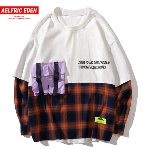 

aelfric eden patchwork plaid sweatshirts men harajuku streetwear casual cotton male pullover fashion hip hop pockets long sleeve, Black