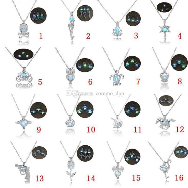 

16 designs luxury glow in the dark stone necklace open 3 colors luminous pearl cage pendant necklaces for women ladies fashion jewelry, Silver