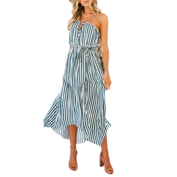 

wholesale women striped lace-up backless beach dress, Blue;gray