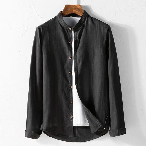 

cotton linen shirts mens long sleeve stand collar casual shirts male solid color loose y1912, White;black