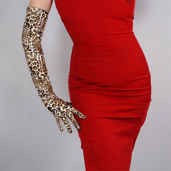 

leopard extra long gloves 60cm patent long style emulation leather pu leather gloves bright leather brown female wpu16, Blue;gray