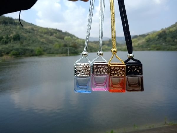 

colorful cube car perfume bottle hanging rearview ornament air freshener for essential oils diffuser fragrance empty glass bottle pendant