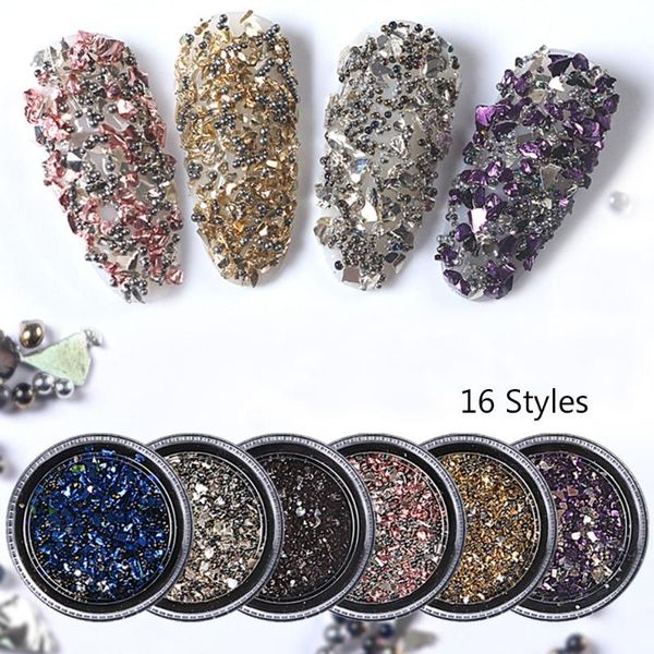 

16 стилей ногтей стразы крошечные хрустальные бусины nail art decor mix дизайн красочные блестки битое стекло украшения diy, Silver;gold