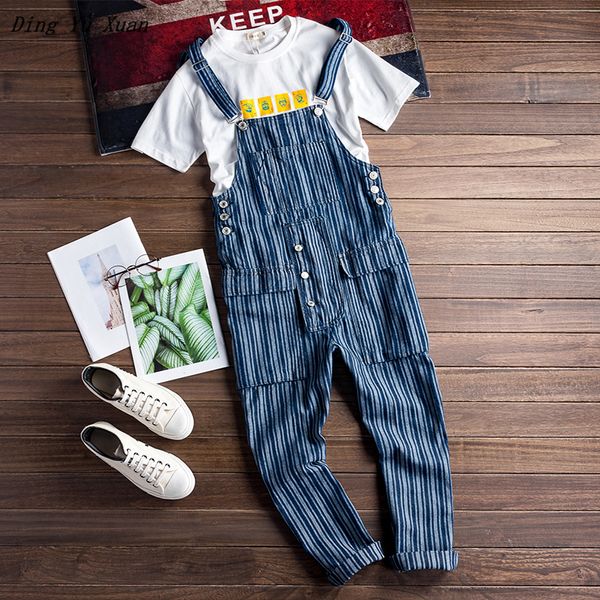 

men's blue striped cargo denim bib overalls hip hop loose jeans jumpsuits men workwear suspender pants with multi pockets