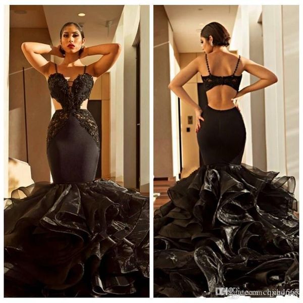 

2019 new black spaghetti straps organza mermaid prom dresses lace applique ruffles backless evening gowns formal party dresses aw326