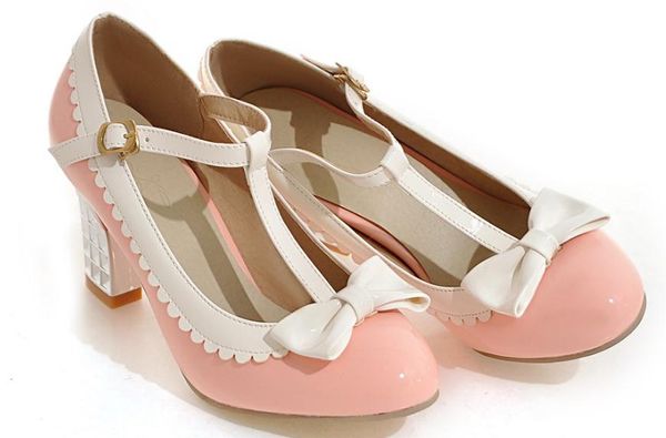 

2019 women's shoes in spring and autumn with new style high heel coarse heel round head bowknot blue patchwork @20, Black