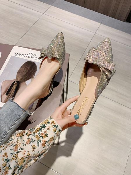 

square heel pointed toe shoes woman 2020 glitter slides low woman's slippers med butterfly-knot block jelly cover new basic, Black