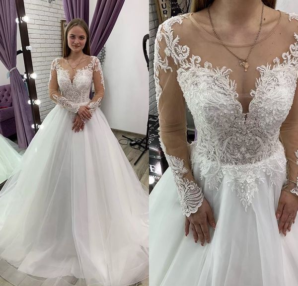 

bohemian ball gown luxury wedding dresses tulle lace beads formal dress jewel neck long sleeve sweep train bridal gowns, White
