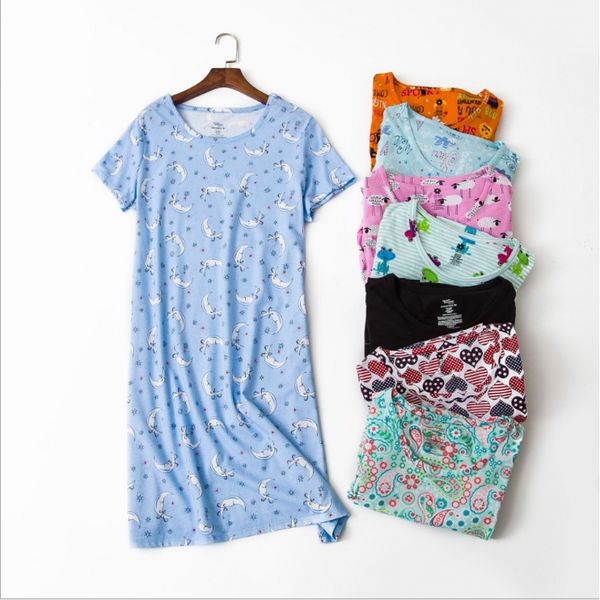 

2019 summer brand homewear women casual cartoon nightgown ladies 100%cotton nightdress female round collar plus size sleep dress, Black;red