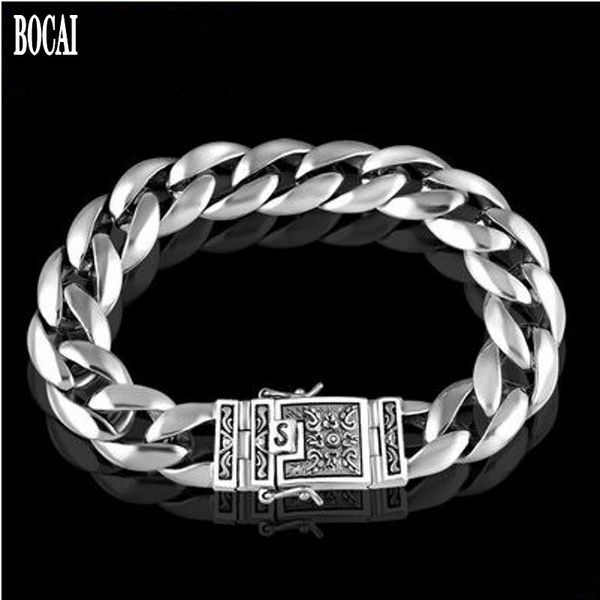 

bocai new 100% real 925 silver jewelry 12mm men's bracelet s925 silver flat chain fashion retro thai bracelet for men, Black