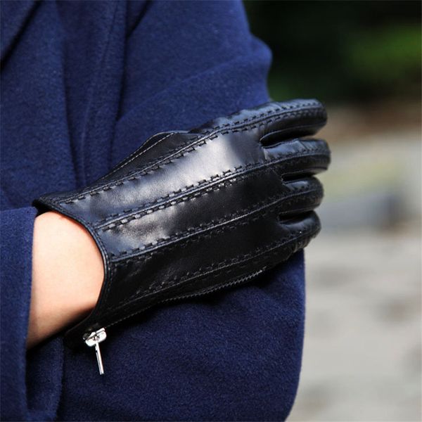 

new women' sheepskin genuine leather gloves zipper autumn winter warm plush fashion black driving gloves female xc-111, Blue;gray
