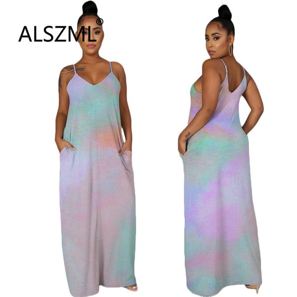 

2020 summer tie-dye condole belt v neck backless long dress beach style lady fashion women dress, Black;gray