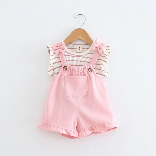

summer infant baby kid girl striped sleeveless shirt+suspenders shorts outfits set newborn clothes girls clothing roupa infantil, White