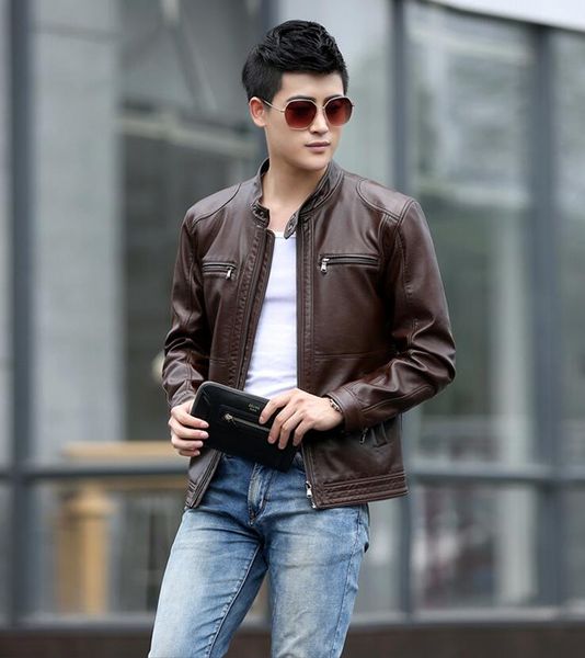 Giacca alla moda da uomo Design Colletto alla coreana Giacca casual da uomo in pelle da motociclista Moda uomo Veste en cuir giacche autentiche jaqueta
