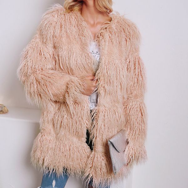 

warm faux fur coat women fluffy long sleeve round collar outerwear autumn winter female long jacket hairy overcoat plus size 3x, Black