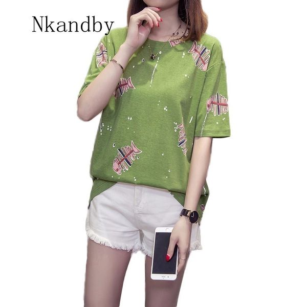 

nkandby plus size l-4xl femme t-shirt 2020 summer casual loose half sleeve women t shirts fish bones print cotton oversized, White