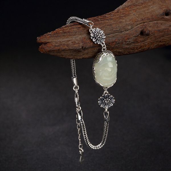 

real 925 sterling silver chain bracelets with sunflower and natural jade flower charm bracelets for women pulseras mujer, Golden;silver