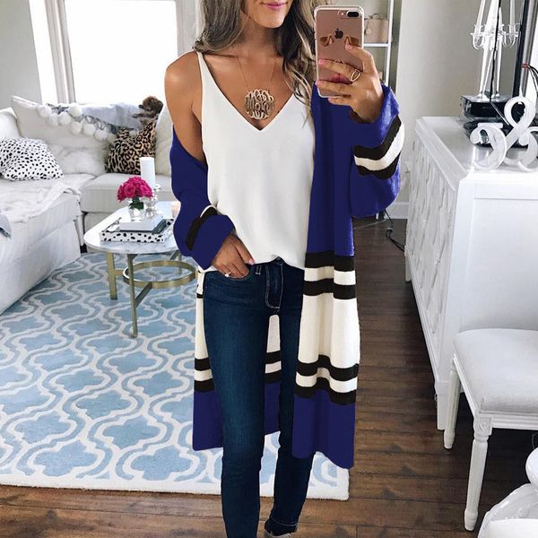 

2019 women autumn winter casual contrast color striped patchwork sweater elegant long sleeve loose knitted coat outwear, White
