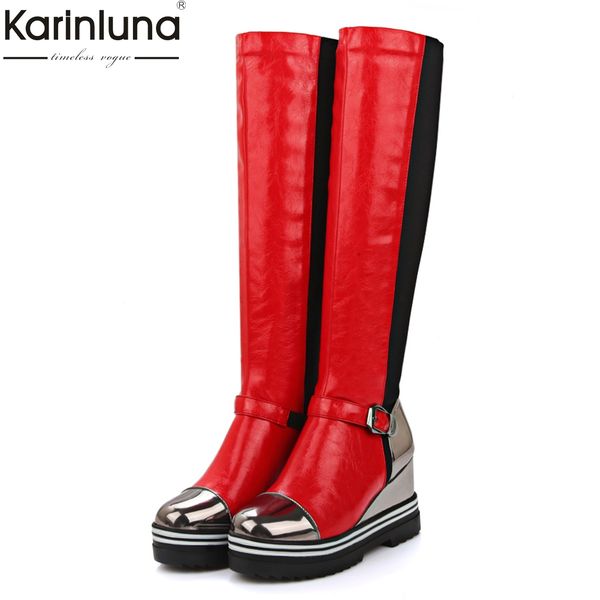

karinluna large size 34-43 fashion boots women shoes woman boots fashion wedge high heels winter patchwork knee-high, Black