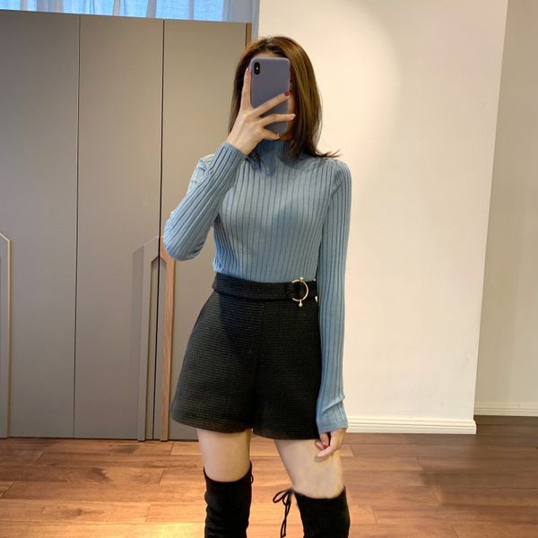

ladies fashion elastic plaid high waist solid color zipper closure woolen casual short pants with waist belt and lining, White;black