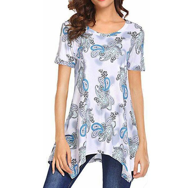 

women lady's summer casual short sleeve printed irregular shirts blouse, White