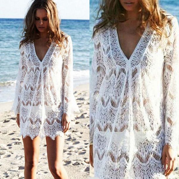 

women white lace crochet pareo beach cover up salida de playa pareo cover ups swimwear up lace playa beach tunic dress, Blue;gray